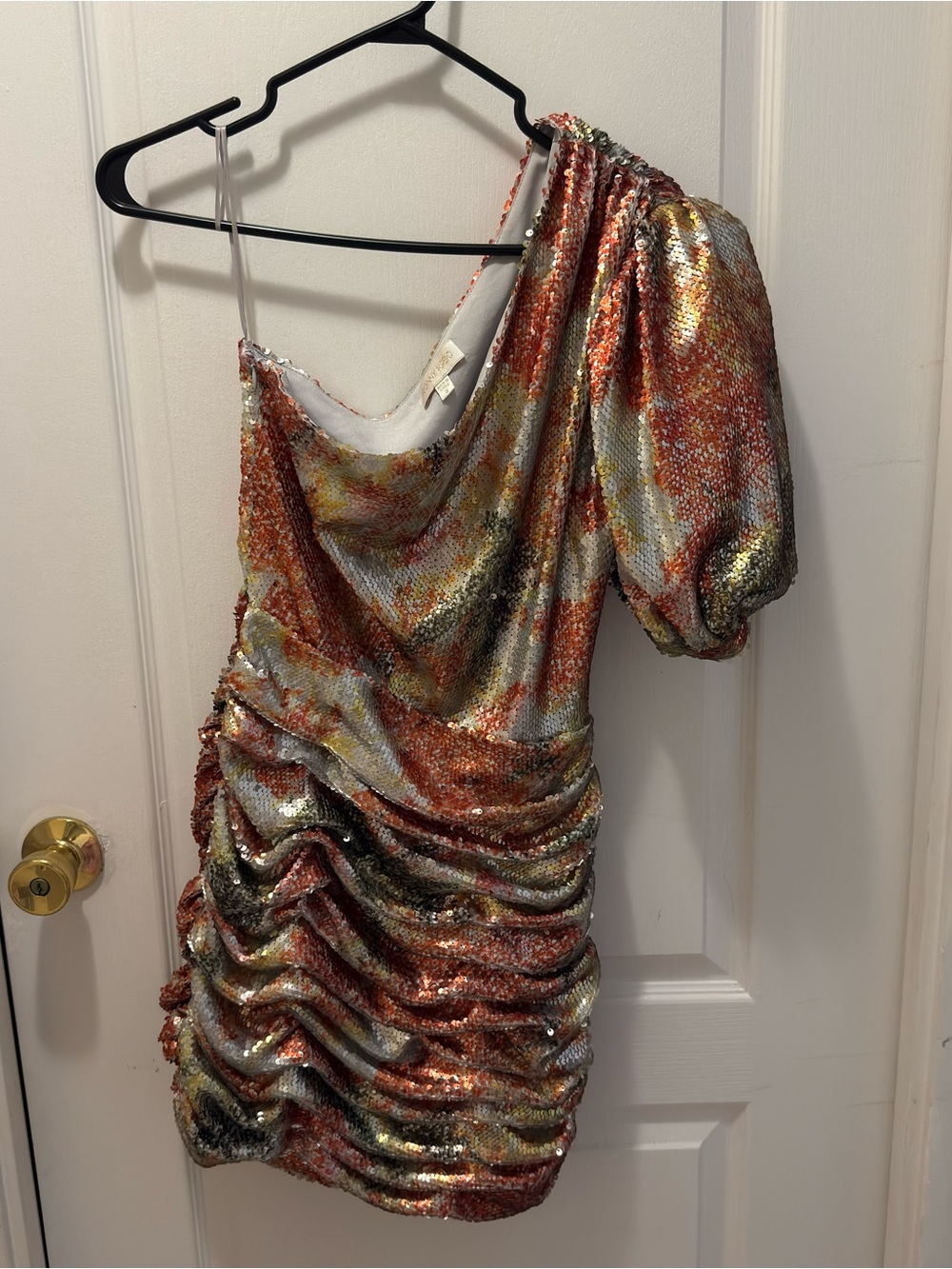 Ronny Kobo One-Shoulder Sequin Mini Dress in Copper, Silver, Gold